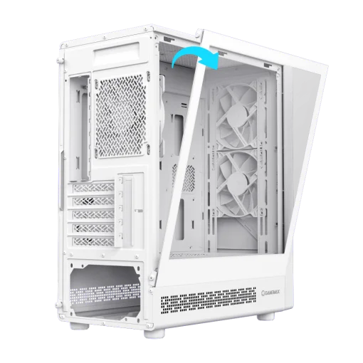 Cod. 326 Case GAMEMAX Focus MW / lateral vidrio templado, frontal Mesh ABS / 1*USB3.0 + 1*USB2.0 + 1*Tipo-C / Audio HD / Soporta enfriamiento liquido 240mm / Incluye: 3*ventiladores 120mm