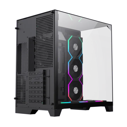Cod. 371 Case GAMEMAX Infinity Pro BK / ATX / USB 3.0/USB-C / Diseño Vista Panorámica 3 lados vidrios templados / admite: refri. líquida 360° &amp; VGA 400mm / Incluye 5*fans ARGB 120mm (2*Post., 3*Infe.) + Controlador RGB AURA Sync