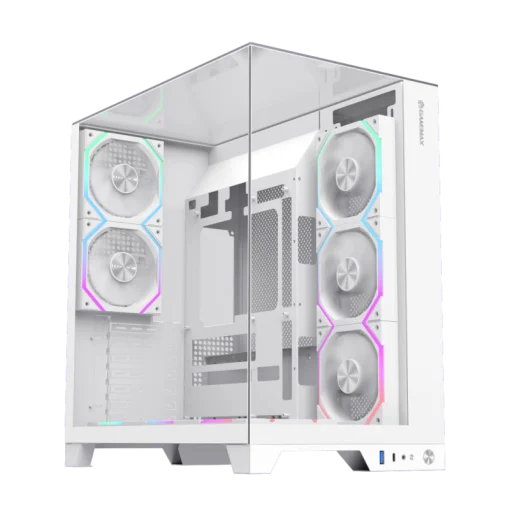 Cod. 372 Case GAMEMAX Infinity Pro WH / ATX / USB 3.0/USB-C / Dise&ntilde;o Vista Panor&aacute;mica 3 lados vidrios templados / admite: refri. l&iacute;quida 360&deg; &amp; VGA 400mm / Incluye 5*fans ARGB 120mm (2*Post., 3*Infe.) + Controlador RGB AURA Sync