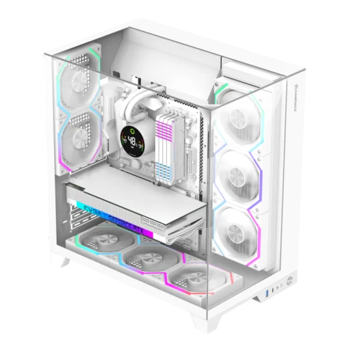 Cod. 372 Case GAMEMAX Infinity Pro WH / ATX / USB 3.0/USB-C / Dise&ntilde;o Vista Panor&aacute;mica 3 lados vidrios templados / admite: refri. l&iacute;quida 360&deg; &amp; VGA 400mm / Incluye 5*fans ARGB 120mm (2*Post., 3*Infe.) + Controlador RGB AURA Sync