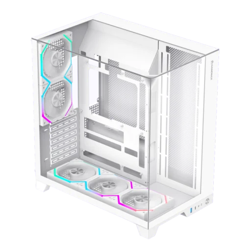 Cod. 372 Case GAMEMAX Infinity Pro WH / ATX / USB 3.0/USB-C / Dise&ntilde;o Vista Panor&aacute;mica 3 lados vidrios templados / admite: refri. l&iacute;quida 360&deg; &amp; VGA 400mm / Incluye 5*fans ARGB 120mm (2*Post., 3*Infe.) + Controlador RGB AURA Sync