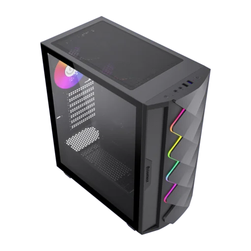 Cod. G:400 Case GAMEMAX Diamond CP BLACK / ATX / Panel frontal Efecto corte en diamante y tira LED ARGB / Diseño puerta deslizante / tapa lateral vidrio templado / USB3.0 + USB 2.0 / admite VGA 340mm / Incluye 4*Fans (1*Fan Turbo 14CM COC P/MB + 3*Fans 12