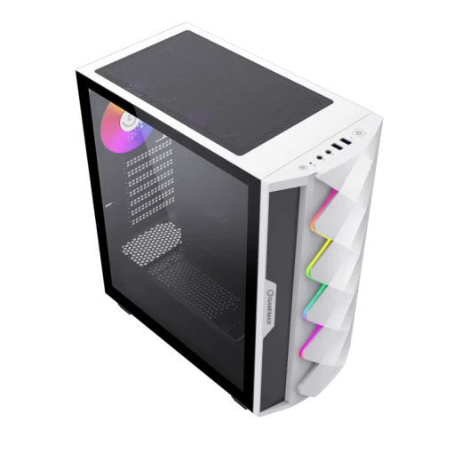 Cod. 401 Case GAMEMAX Diamond CP White / ATX / Panel frontal Efecto corte en diamante y tira LED ARGB / Diseño puerta deslizante / tapa lateral vidrio templado / USB3.0 + USB 2.0 / admite VGA 340mm / Incluye 4*Fans (1*Fan Turbo 14CM COC P/MB + 3*Fans 12CM