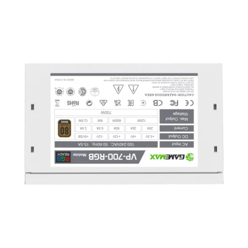 Cod. 145 Fuente de Poder GAMEMAX VP-700-M-RGB WH&nbsp;/ Semi-Modular / Certificado 80 Plus Bronze / 700Watts / 12CM Ventilador RGB / ATX P/PC