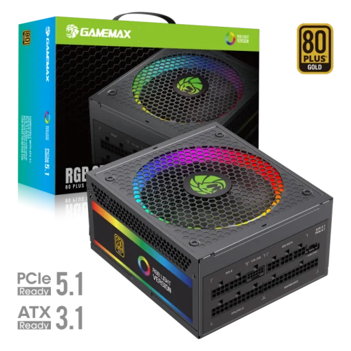Cod. 166  Fuente de Poder GAMEMAX RGB-SMART 850 PRO (ATX3.1 PCIe5.1) BK / Full Modular / 850WATTS / Certificada 80+ Gold / Compatible ATX3.1 y PCIe5.1 (EPS 12V 2.92 P/ultima tarjetas RTX 40/50) / 14CM ARGB FAN (25 Modos de iluminaci&oacute;n) Aura SYNC ASUS, GIG