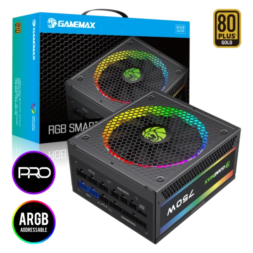 Cod. 160 Fuente de Poder GAMEMAX RGB-750 PRO BK / Modular / 750WATTS / Certificada 80 Plus Gold / 14CM ARGB FAN (25 Modos de iluminaci&oacute;n)&nbsp;Aura SYNC ASUS, GIGABYTE, MSI ASRock