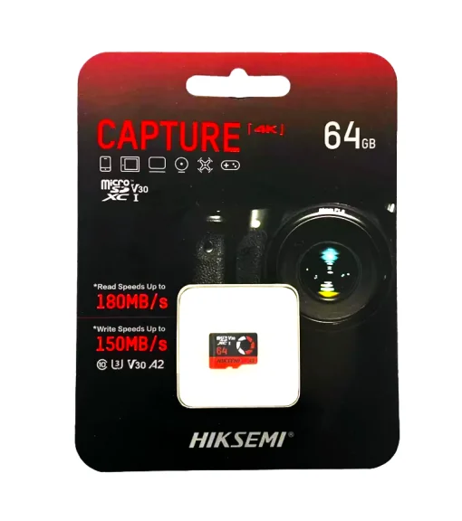 Cod. 240 Micro SD HIKSEMI Capture 4K clase 10 V30 64GB / Espacial P/Drones, Videojuegos, Cámaras Video grabación en 4K UHD / Lectura 180MB/s y escritura 150MB/s